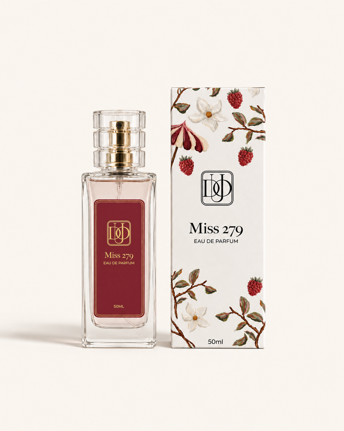 Perfume Miss 279, frasco e caixa em fotografia de estúdio sobre fundo marfim.