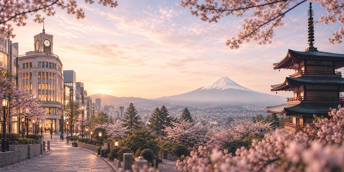Coleção Japão — Ginza, Monte Fuji e pagode entre cerejeiras ao amanhecer, Caroline Duó