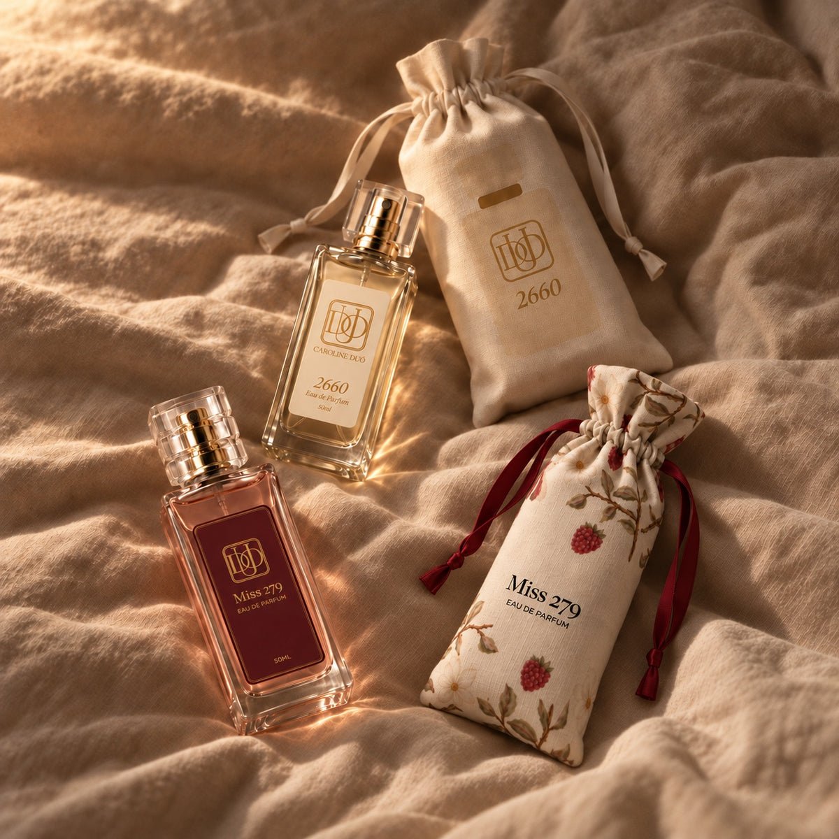 Perfumes2660 e Miss279 com seus saquinhos sobre linho em luz natural