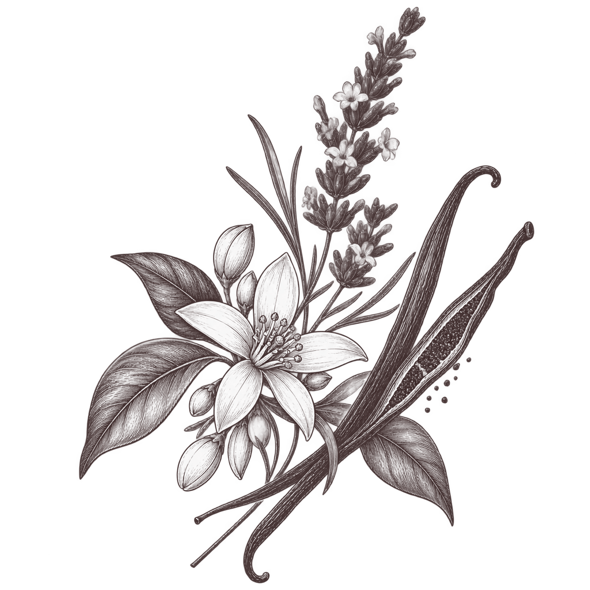 Ilustração botânica de flor de laranjeira, lavanda e baunilha para o perfume 2660