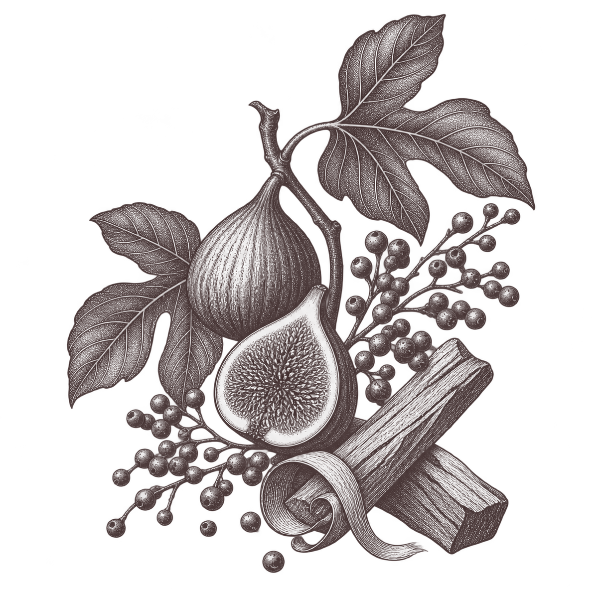 Ilustração botânica de figo, pimenta rosa e sândalo para o perfume 31 de Maio