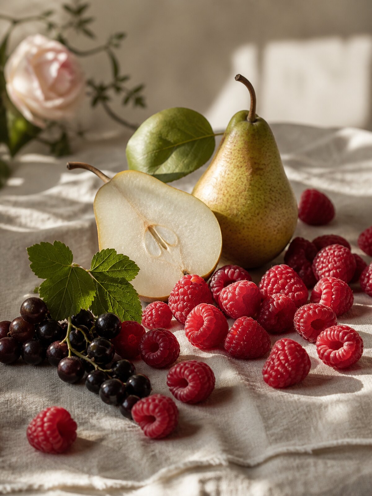 Framboesas, pera e cassis sobre tecido marfim em luz natural